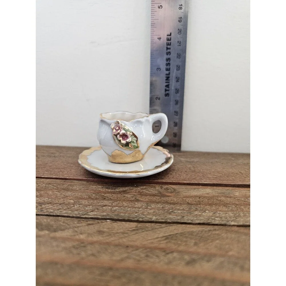 Vintage Miniature Light Gray Cup And Saucer Raised Flower Design